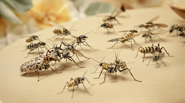 Group of wasps on a light colored surface.