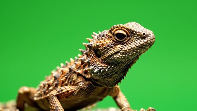 Close-up of a brown spiky lizard with intricate scales against a vibrant green background, showcasing its detailed eye and textured skin.