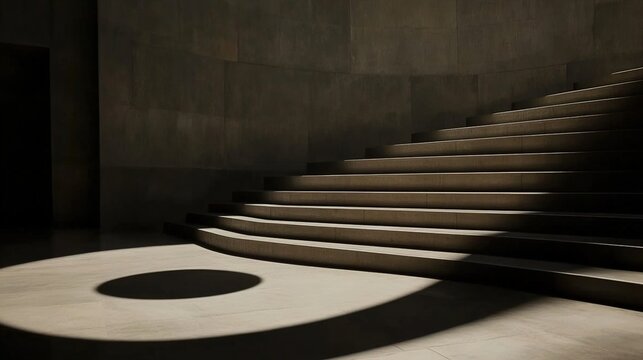 passivity. A minimalist staircase with a circle of light on a step, dramatic shadows. real-estate listings, architecture portfolios, designed for interior renovation comparisons for interiors.