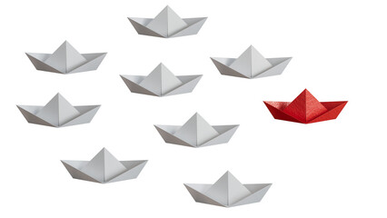 Obraz premium Different business concept.new ideas. paper art style.Leadership concept with red paper ship leading among white boats.Supports PNG files with transparent backgrounds.