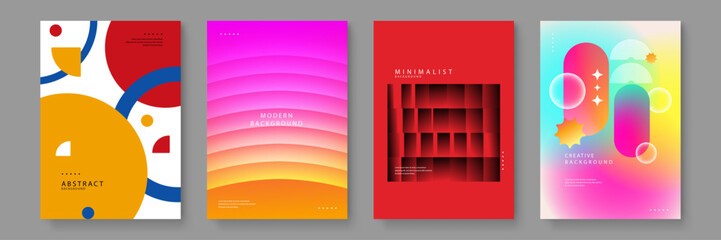 Four distinct modern background designs featuring bold geometric circles, smooth color gradients, and creative 3D-like glass elements