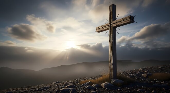 Silhouette of Cross on Mountain at Sunset