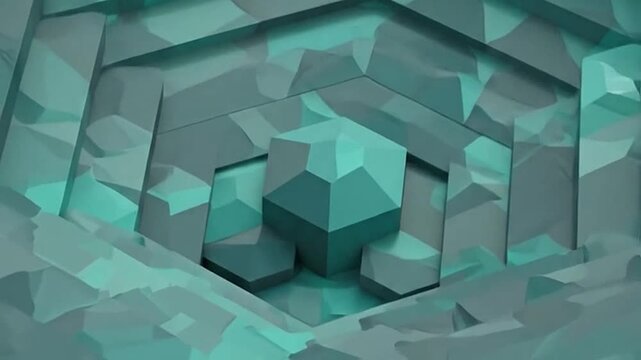 Abstract geometric pattern of teal and grey shapes creates a deep visual.