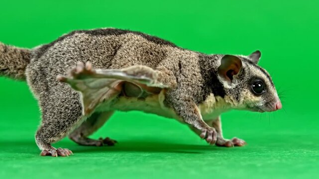A small, grey and white sugar glider marsupial with large eyes and ears, poised on a vibrant green background, showcasing its gliding membrane.