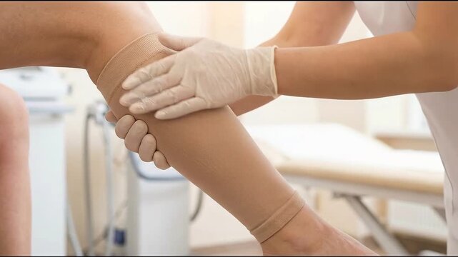 Medical massage therapist in glove performs gentle leg lymphedema massage therapy and treatment for patient with compression stocking in bright healthcare clinic room therapy for leg lymphedema