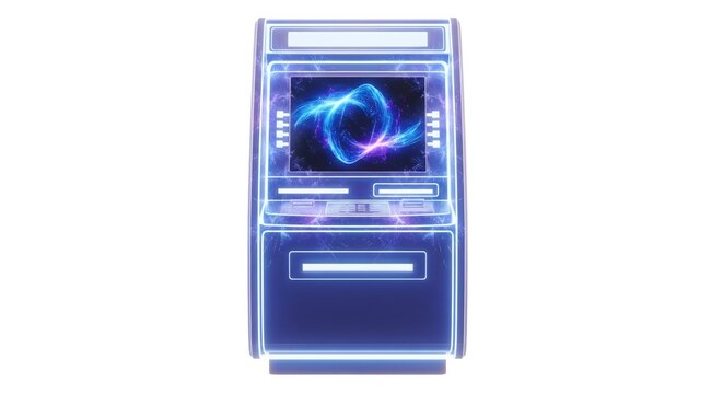 Abstract glowing futuristic digital ATM machine with swirling energy on screen against a white background