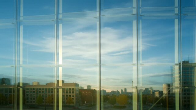 Modern city skyline viewed through large glass windows on a bright day with scattered clouds in the sky