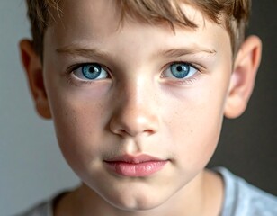 Close-up portrait of a young boy with blue eyes