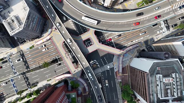 Aerial Top View of Elevated Highway Interchange in Central Osaka, Japan
