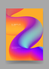 Fototapeta premium Minimalist simple poster featuring a bold 3D fluid gradient shape in purple and cyan colors over a bright yellow background for modern brand