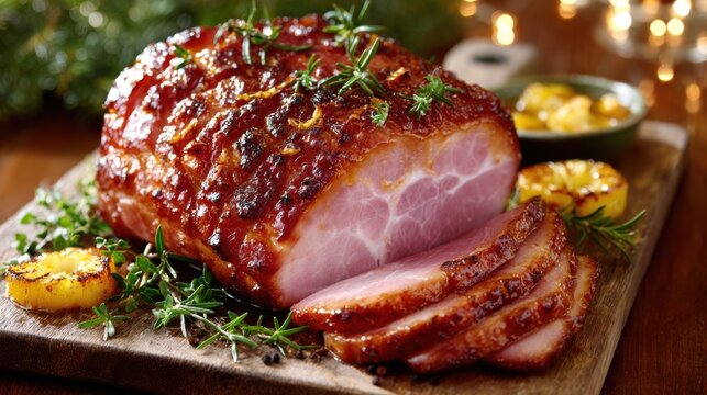 Glazed ham with pineapple and rosemary garnish cloves