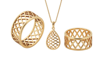 Obraz premium Gold jewelry set with lattice pattern ring isolated on a transparent background
