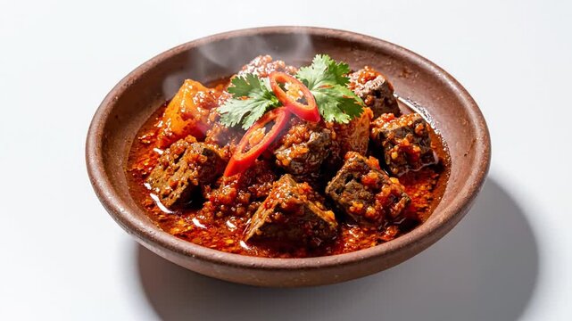 Spicy Red Curry Beef Stew with Chili and Herb Garnish