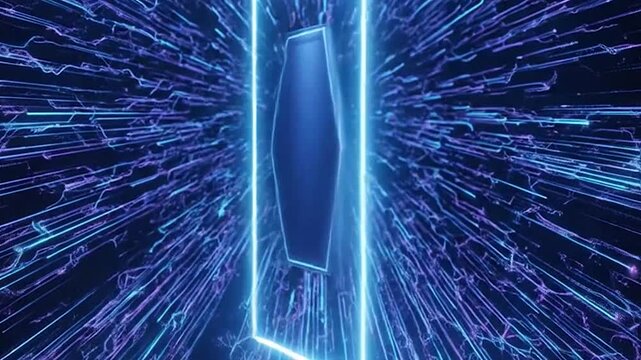 Futuristic blue neon hexagon and square frame on a tech background