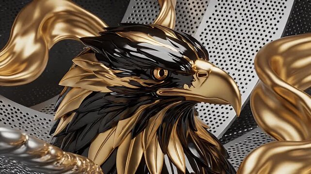 Majestic Metallic Golden Eagle Head Portrait with Ornate Armor and Radiant Embellishments