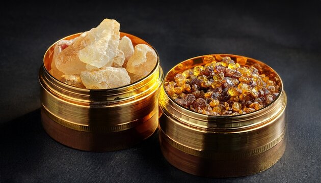 Myrrh And Frankincense Resins In Containers With Golden Coins On A Black Background
