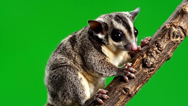 A small, adorable sugar glider with large dark eyes perches on a brown tree branch against a vibrant green background.