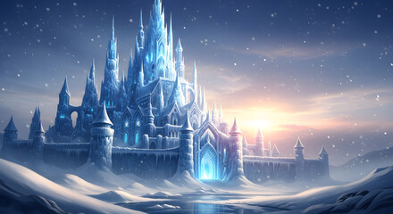 Naklejka premium Grandiose magical palace made entirely of blue crystal ice with glowing windows during a snowy winter sunset