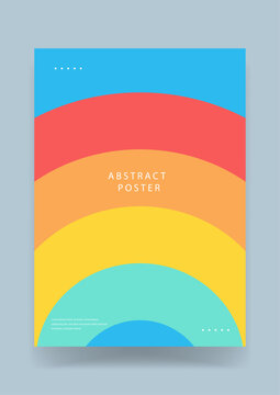 Minimalist abstract poster featuring concentric semi-circle arches in a warm rainbow color palette of blue red orange and yellow