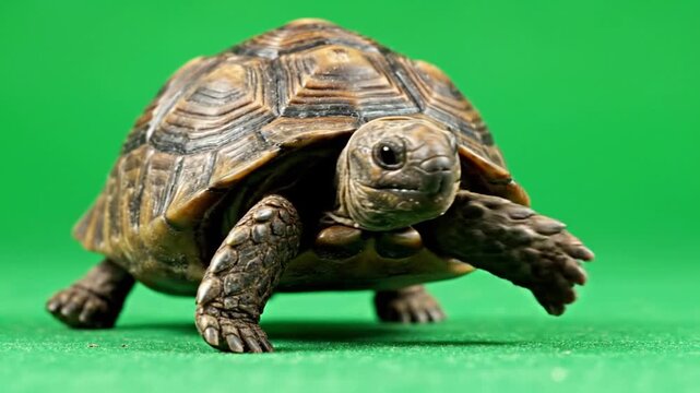 A small brown tortoise with a patterned shell walks slowly on a vibrant green background.