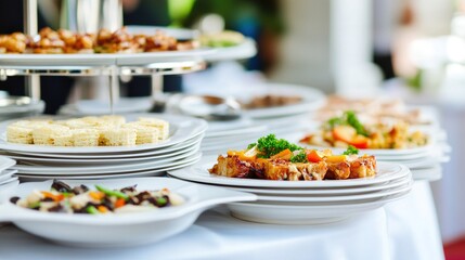 guests. Elegant catering table setup with dishes for a wedding scene and softly blurred ambient lighting. menu design, packaging mockups, designed for food delivery and cloud-kitchen brand materials.