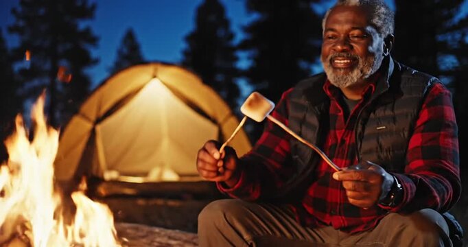 A man roasting marshmallows over a campfire at night near a tent in a serene forest setting