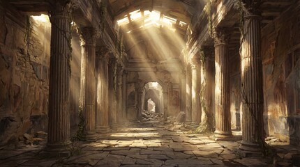 Naklejka premium Dramatic Interior of Abandoned Ancient Temple with Sunlight Streaming Through Ruins