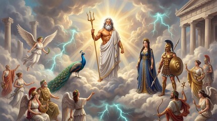 Naklejka premium Dramatic Illustration of Zeus and Gods from Greek Mythology in Heaven