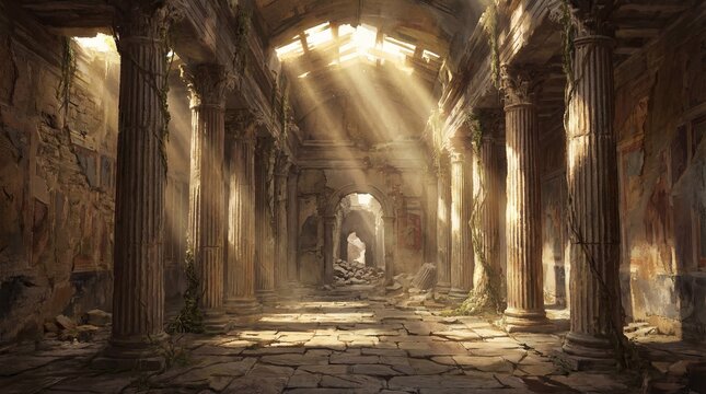 Dramatic Interior of Abandoned Ancient Temple with Sunlight Streaming Through Ruins