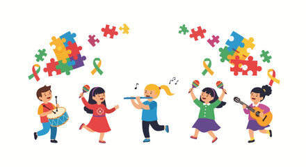 Children celebrating World Down syndrome day with colorful puzzle pieces and ribbons, dancing joyfully together