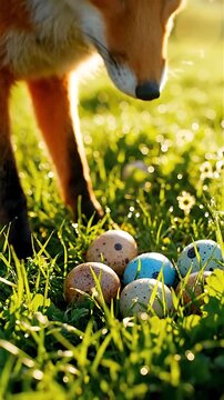 Fox pawing speckled easter eggs in grass. Golden hour light, dewy meadow, cautious forager examining cluster of speckled shells, nature scene blending tension and gentle curiosity.