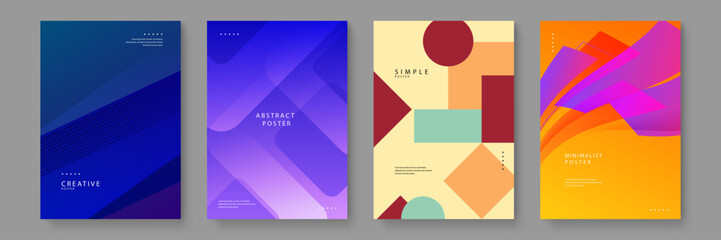 Fototapeta premium Set of four professional abstract posters with geometric patterns and deep blue to orange gradients
