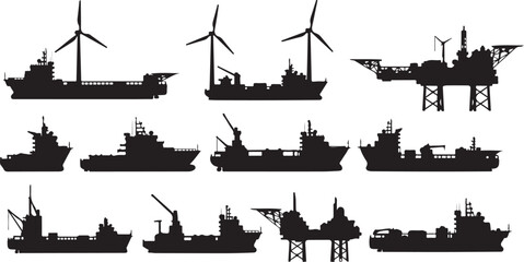 Obraz premium Collection of ship silhouettes with wind turbines offshore industry