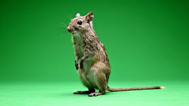 A small gerbil-like rodent stands upright on its hind legs against a vibrant green background.