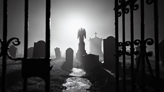 Moonlit cemetery gate looming behind iron bars in a desolate foggy night