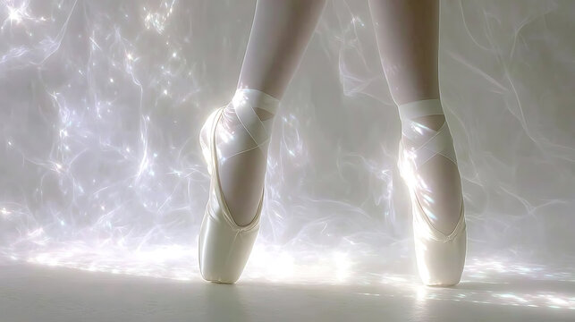 A ballerina's feet in pointe shoes, poised and elegant, captured against a shimmering backdrop. The focus is on the shoes and legs, evoking grace and artistic precision