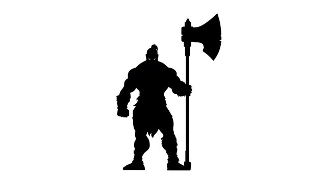 A silhouette of a warrior holding an axe, ready for battle. The warrior appears strong and powerful.