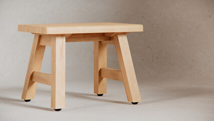 Fototapeta premium Sturdy wooden stool with angled legs, support beams, and smooth finish. Ideal for furniture catalogs, product visualization, interior design projects, and minimalist decor presentations.