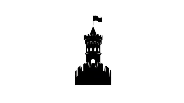 Silhouette of a tall castle tower with a flag atop, symbolizing strength and history. This image is a stark black and white rendering