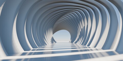 Naklejka premium Abstract 3D render of a futuristic white circular tunnel with rhythmic organic arches. Conceptual architectural hallway representing a portal, innovation, and modern minimalist interior design