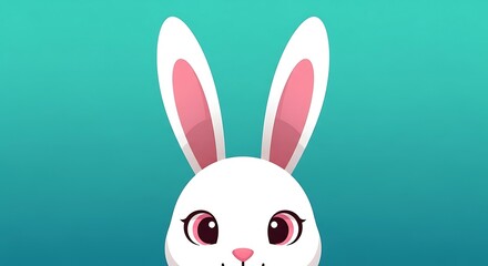 Fototapeta premium Cartoon white bunny peeking from behind white surface on teal