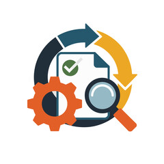 A vector graphic illustration of a document with a checkmark being inspected by a magnifying glass, surrounded by a gear and arrows, symbolizing review and process.