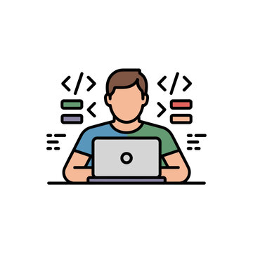 A cartoon programmer working on his laptop with coding symbols around him