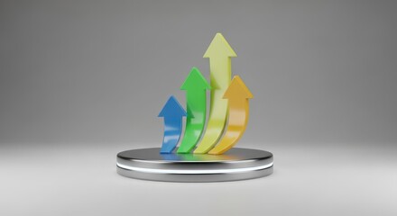 A 3D rendering of colorful arrows rising from a silver coin