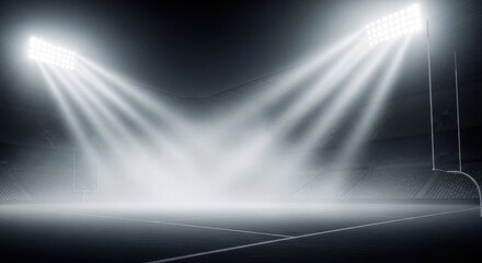 A dramatic sports stadium illuminated by bright floodlights at night