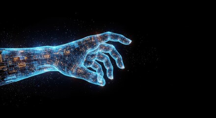 A glowing blue hand made of pixels and code reaches out against a dark background