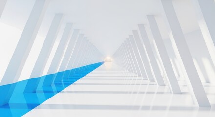 A futuristic corridor with a blue triangle leading to a bright light