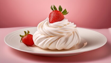Light And Airy Meringue Swirl Or Whipped Cream Served With A Fresh Ripe Strawberry On A White Plate Against A Pink Background