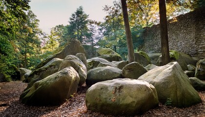 Obraz premium Large Rocks Scattered On The Ground In A Forest With Trees And A Stone Wall In The Background