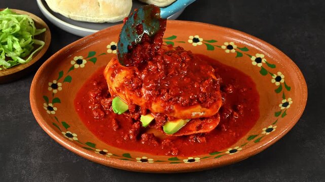 Pambazo filled with avocado, bathed in red chorizo ​​adobo, chancla poblano